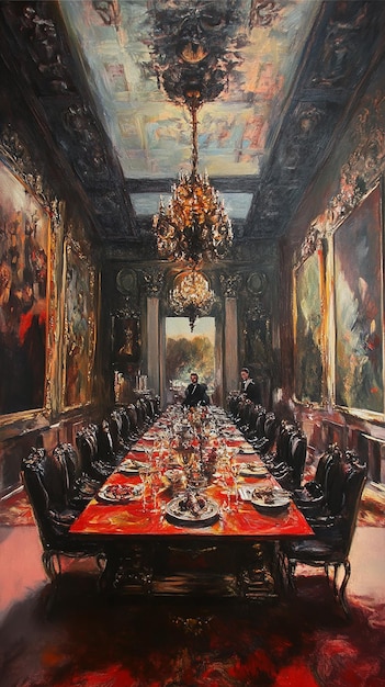 Oil painting of a large grand dining table extravagant feast opulent setting