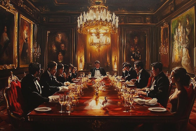 Oil painting of a large grand dining table extravagant feast opulent setting