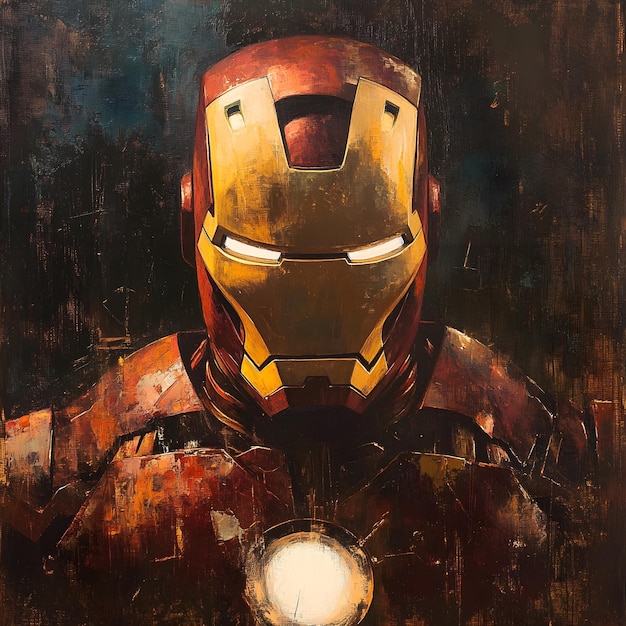 An oil painting of a metal robot on a dark background The robot is made of metal