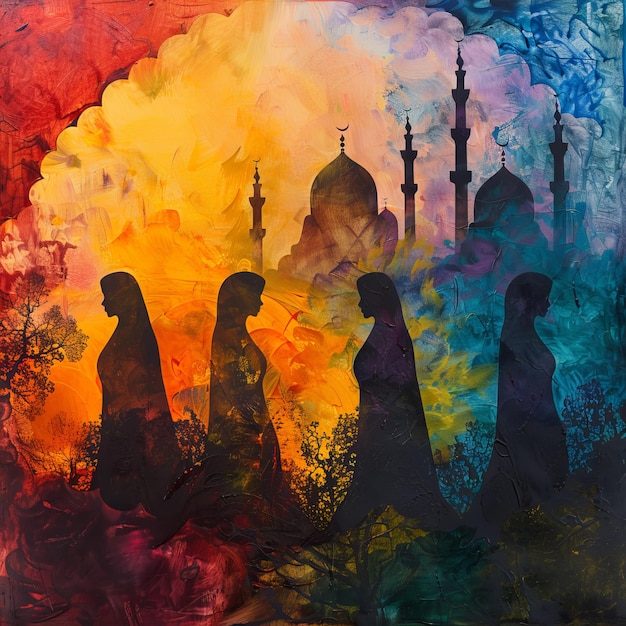 Oil painting of muslims in the mosque Colorful background