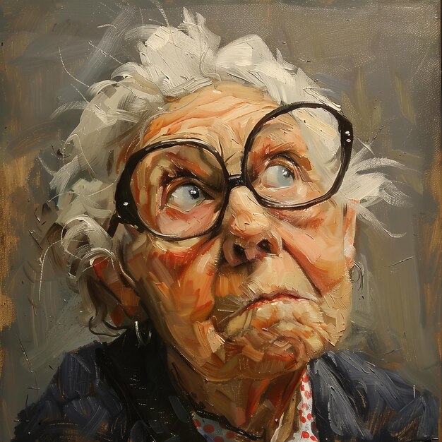 Oil painting of an old woman in glasses and a blue shirt