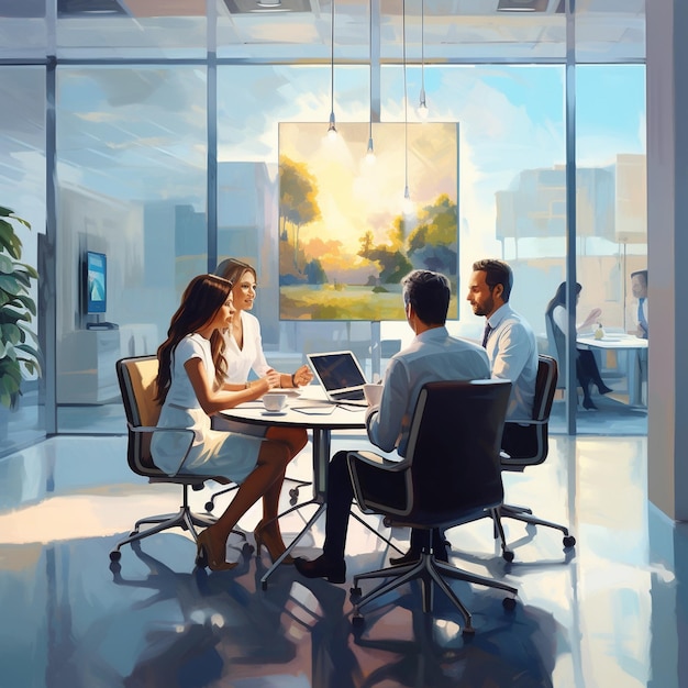 Oil painting open modern office space meeting room business men and women