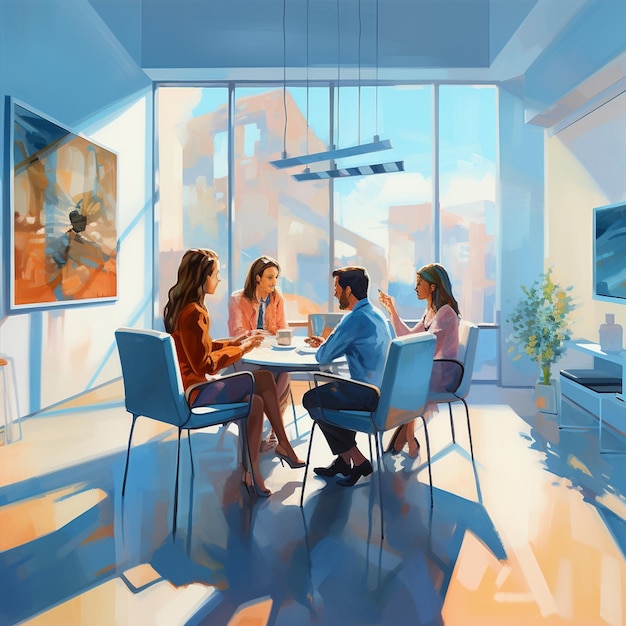 Oil painting open modern office space meeting room business men and women