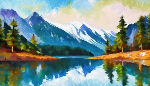 Oil painting of peaceful alpine lakeside scenery with mirrored reflection of surrounding mountains