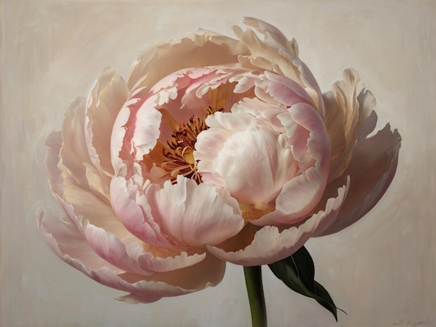 Oil painting of peony Sarah Bernhardt flower on a light background