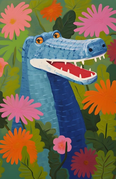 An oil painting shows a crocodile and flowers in one pose flowers sun in the style of light maroo