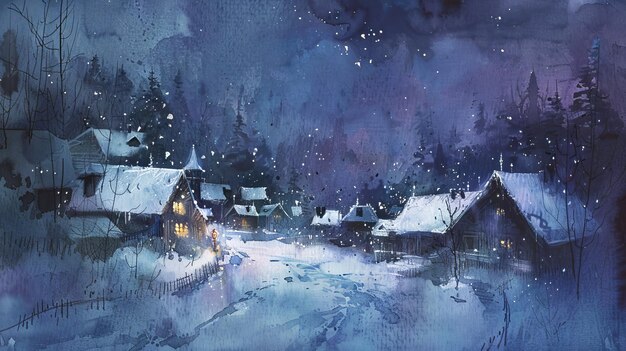 Photo oil painting of a snowy village at night concept of winter landscape village life holiday season abstract winter background