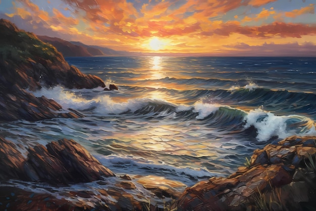 Oil painting of a stunning sunset over the ocean digital art illustration