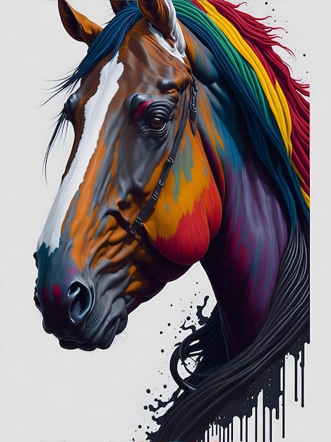 Oil painting style colorful rainbow realistic horse head