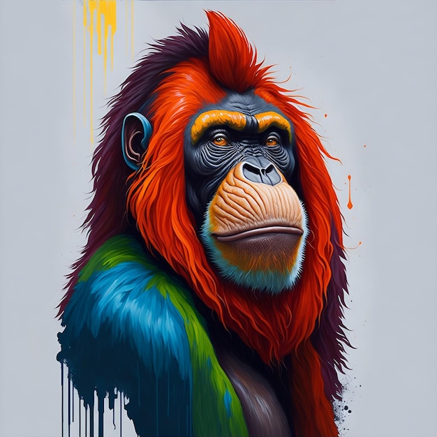 Oil painting style colorful rainbow realistic orangutan head