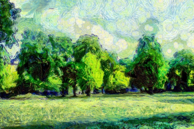 Oil painting suburban park landscape Modern digital art impressionism technique imitation of Vincent van Gogh style