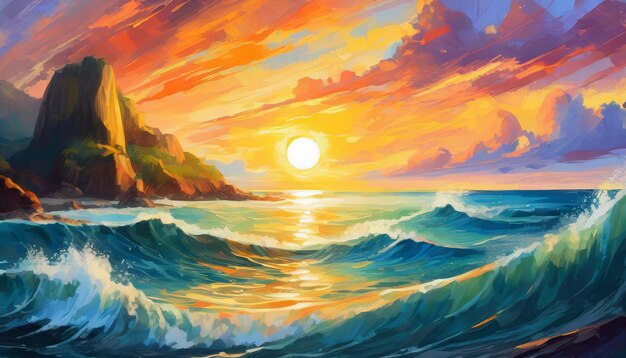 Oil painting of sunset over the ocean with sun in cloudy sky Sea waves Natural landscape