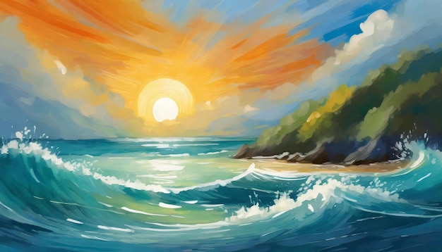 Oil painting of sunset over the ocean with sun in cloudy sky Sea waves Natural landscape