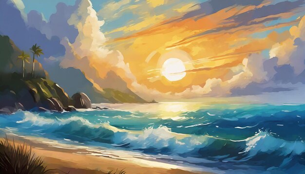 Oil painting of sunset over the ocean with sun in cloudy sky Sea waves Natural landscape