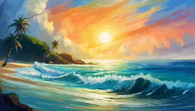 Oil painting of sunset over the ocean with sun in cloudy sky Sea waves Natural landscape