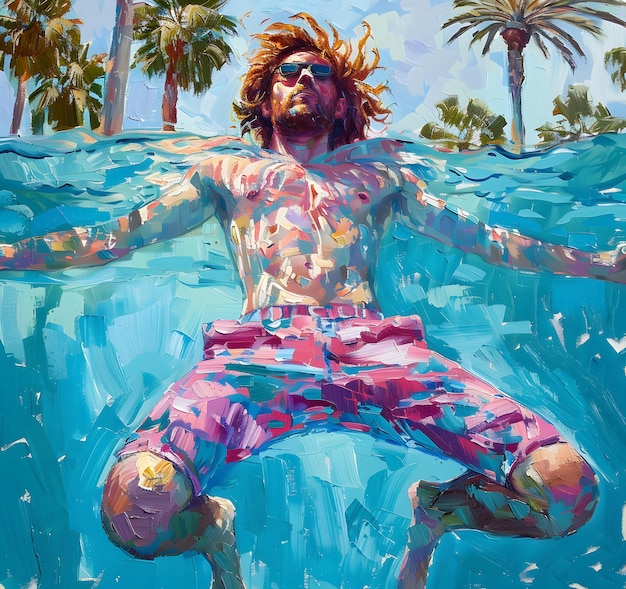 oil painting of swimming in the pool man with long wavy red hair wearing a pink and blue pastel neon suit floating underwater which in Generate AI