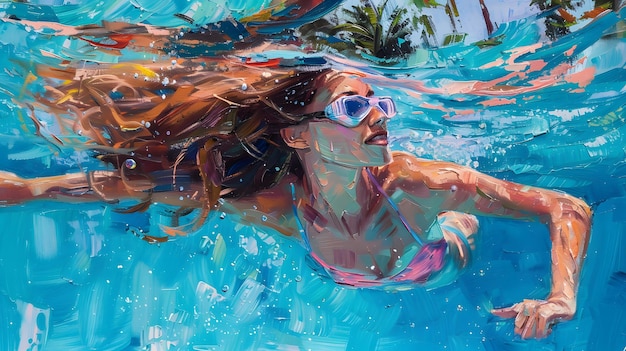 oil painting of swimming in the pool woman with long wavy red hair wearing a pink and blue pastel neon suit floating underwater which in Generate AI