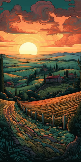 Oil Painting Of Tuscany's Sunset Over Rolling Hills