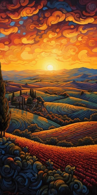 Oil Painting Of Tuscany's Sunset Over Rolling Hills