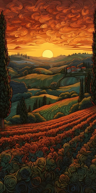 Oil Painting Of Tuscany's Sunset Over Rolling Hills