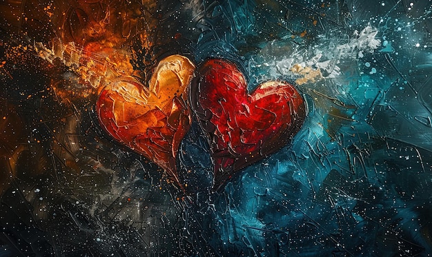 An oil painting of two hearts together