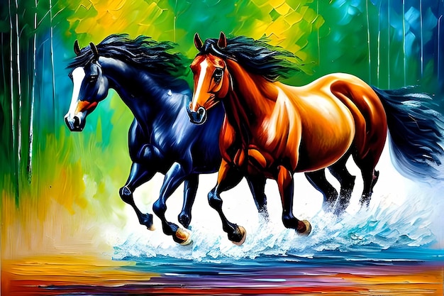 Oil painting two horses