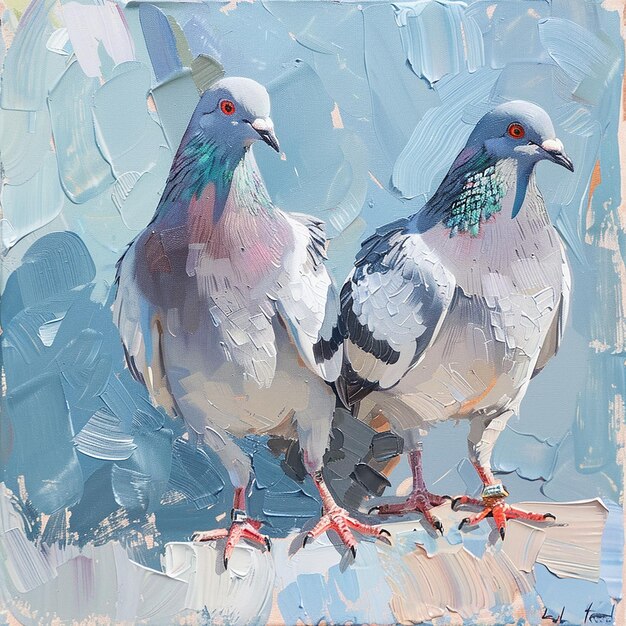 an oil painting of two pigeons in the style of artist Richard Anderson full body soft blue