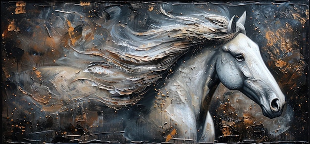 Oil painting of a white horse head in a running pose with a long mane on a dark background for luxury wall decoration