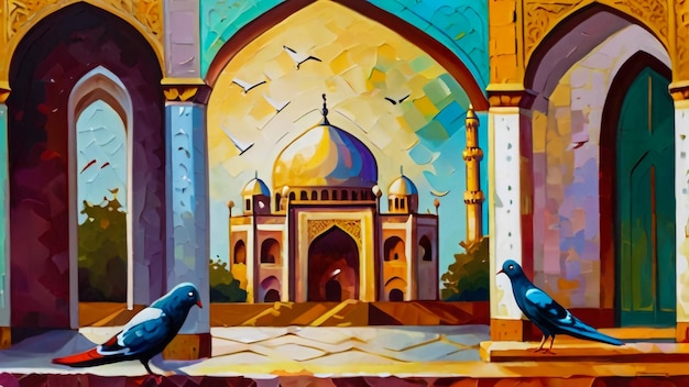 Oil paintingRamadan lantern desert Zayed Grand Mosque Islamic Crescent background