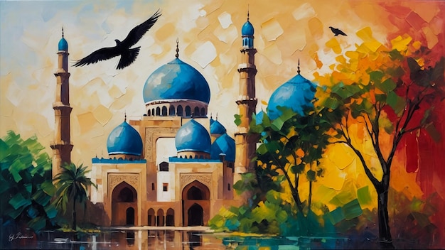 Oil paintingRamadan lantern desert Zayed Grand Mosque Islamic Crescent background