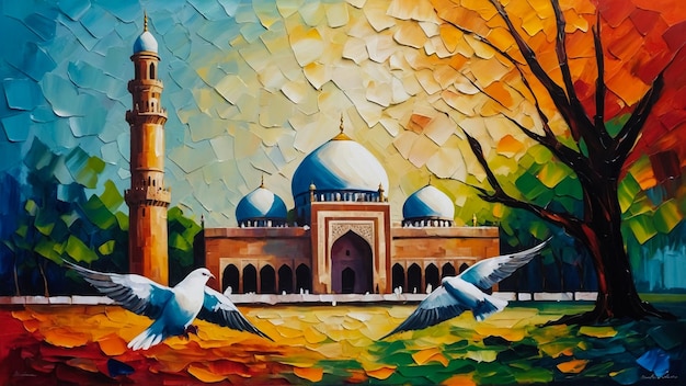 Oil paintingRamadan lantern desert Zayed Grand Mosque Islamic Crescent background