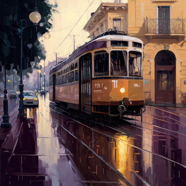 Oil paintings landscape old tram in the street generative ai