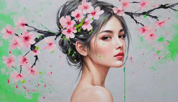 Oil paintings portrait of a girl and flowers on a gray background in an expressive