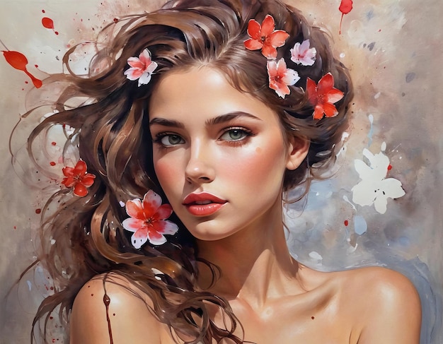 Oil paintings Portrait of a girl and red flowers