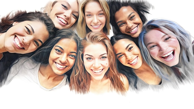 Oil pastel painting of a Group of adult girls happy and excited style of website design blank white background cute mixed nationality Generative AI technology