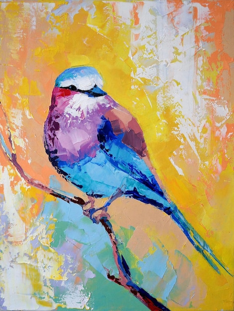 Oil pichuga portrait painting in multicolored tones Conceptual abstract painting of a bird Closeup of a painting by oil and palette knife on canvas