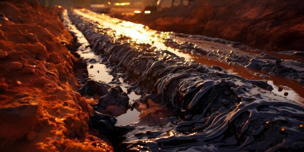 Photo oil pipe spilling black sludge onto the ground captured in closeup view concept pollution environmental crisis oil spill closeup shot contamination