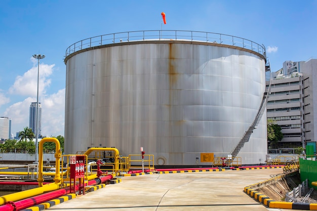 Oil pipeline and Oil storage tank farm in the petroleum refinery.