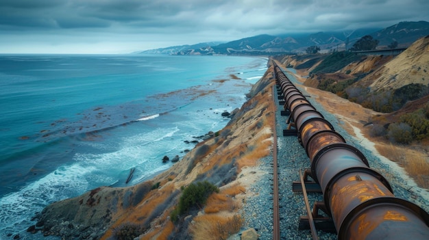 Oil pipeline running along a cliffside with the ocean below