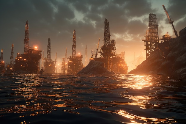 Oil platform in the sea at sunset 3d render illustration deep sea mining operation AI Generated