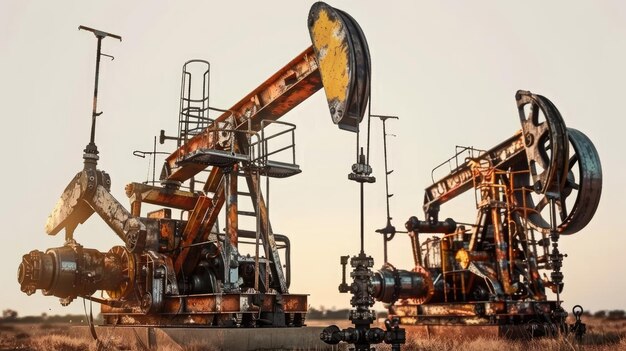 Photo oil pump jacks working on oilfield at sunset concept of fossil fuel energy extraction industry and environment