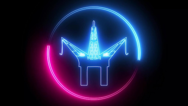 Oil pump or pump jack icon with glowing neon line isolated on black background abstract illustration background