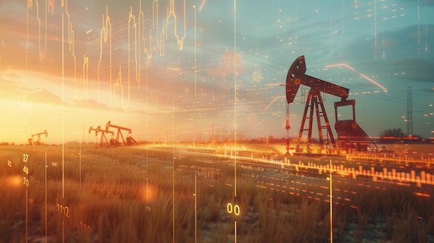 Oil pumpjacks operate in a field at sunset with a double exposure of digital financial charts and graphs overlaying the scene Generative AI