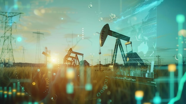 Oil pumpjacks operate in a field with a digital screen overlayed displaying financial charts and graphs Generative AI