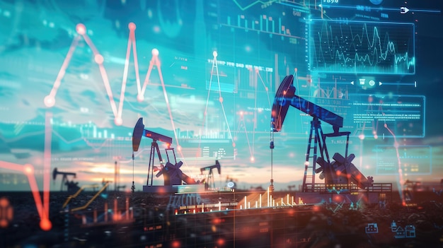 Oil pumps stand in a field at sunset with digital screens overlayed showing financial charts and graphs Generative AI