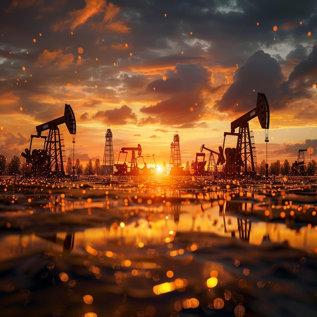 Oil pumps at sunset Oil industry background 3D Rendering