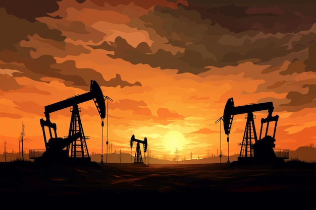 Oil pumps in a sunset with the sun setting behind them.