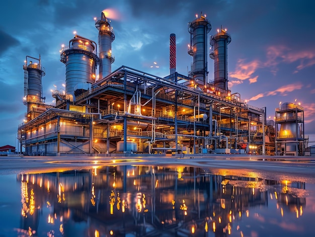 Oil refinery at dusk with lights reflecting off water