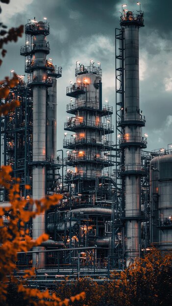 Oil refinery factory features towering pipes and intricate structures illuminated against dramatic sky industrial scene evokes sense of power and complexity