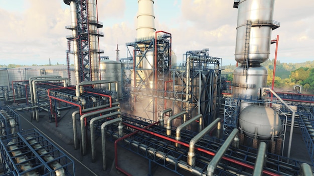 Oil refinery industrial enterprise oil refining into gasoline aviation kerosene fuel oil diesel fuel lubricating lubricants bitumen petroleum coke raw materials for petrochemicals 3D render